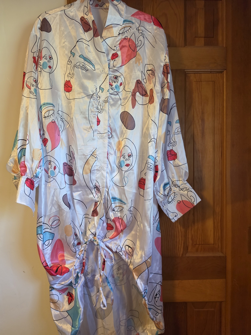 SHEIN White Satin High-Low Dress with Abstract Face Print in Red, Pink, Blue